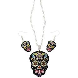 Elosee Sugar Skull Hand Painted Pendant 18'' Necklace & Matching Earrings