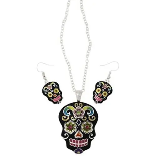 Elosee Sugar Skull Hand Painted Pendant 18'' Necklace & Matching Earrings