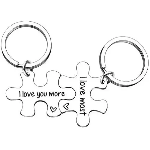 AMOR SPES 2pcs Couples Key Chain Set I Love You More I Love You Most Stainless Steel