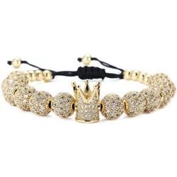 Charm Imperial Crown Braided Bracelets with 8mm Micro Pave Cubic Zirconia Beads 18K Gold King Bracelet for Men Boys