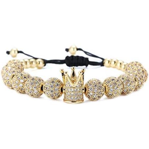 Charm Imperial Crown Braided Bracelets with 8mm Micro Pave Cubic Zirconia Beads 18K Gold King Bracelet for Men Boys