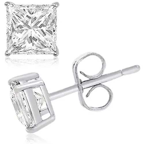 TIONEER Sterling Silver Stud Earrings for Women and Men, Cubic Zirconia Round Cut & Princess Cut, (White, Yellow, Rose, Black, Silver), 2mm - 10mm