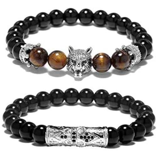 KAMRESH Black Matte Beads Bracelets 8mm Onyx Stone Bracelets Sets Charm King Crown for Women Men Jewelry