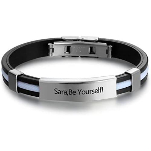 Personalized Engraved Stainless Steel Rubber Bracelet for Men Women Kids DIY Custom Name Date ID Bracelet