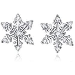 Silver Snowflake Jewelry Set for Women, 925 Sterling Silver Snowflake Stud Earrings & 45cm Necklace Pendant Set, with White AAA Cubic Zirconia, Perfect Christmas Gift for Ladies Girls