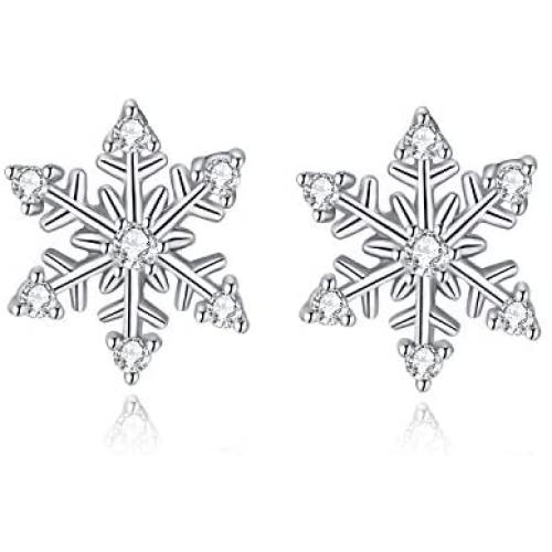 Silver Snowflake Jewelry Set for Women, 925 Sterling Silver Snowflake Stud Earrings & 45cm Necklace Pendant Set, with White AAA Cubic Zirconia, Perfect Christmas Gift for Ladies Girls