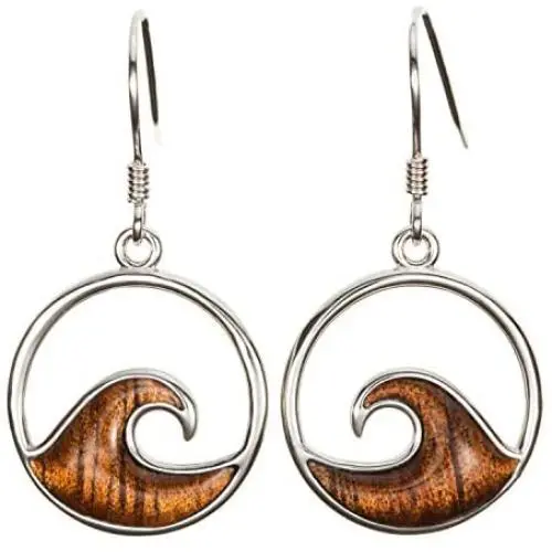 Sterling Silver Koa Wood Ocean Wave Dangle Hook Earrings Sterling Silver Koa Wood Ocean Wave Dangle Hook Earrings