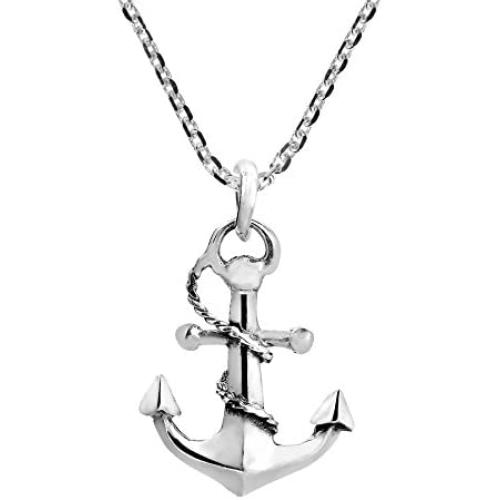 AeraVida Nautical Rope and Anchor .925 Sterling Silver Pendant Necklace