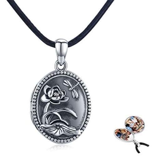 Oval Sterling Silver Locket for Women That Holds Pictures,vintage Dragonfly Lotus Necklace Pendant Photo Locket Jewelry