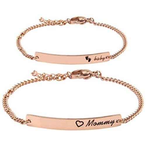 WUSUANED Baby&Mommy Bracelet Baby Baptism Bracelet Mom Daughter Bar Bracelet Set Gift for New Mom&Baby