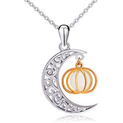 Halloween Jewelry 925 Sterling Silver Moon and Pumpkin Bat Luminous Beads Glow Pendant Necklace, 18 inches