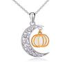 Halloween Jewelry 925 Sterling Silver Moon and Pumpkin Bat Luminous Beads Glow Pendant Necklace, 18 inches