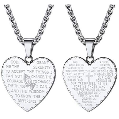 PROSTEEL Lords Prayer Heart Necklace, Stainless Steel Praying Hands Pendant & Chain, Mens Womens Necklace, 22inch-24inch, Come Gift Box