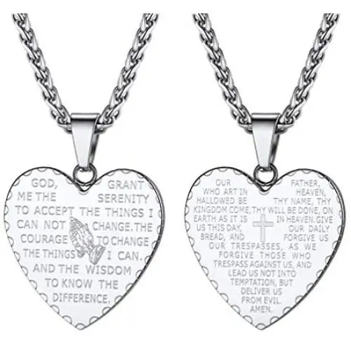 PROSTEEL Lords Prayer Heart Necklace, Stainless Steel Praying Hands Pendant & Chain, Mens Womens Necklace, 22inch-24inch, Come Gift Box