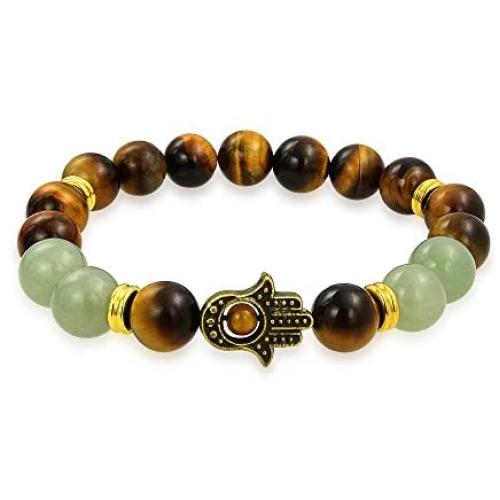 Talisman Amulet Stackable Gemstones Tiger Eye New Jade Serpentine Black Lava Rock Hamsa Hand Stretch Bracelet For Women Men Silver Gold Plated