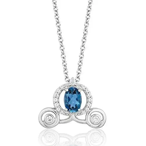 Jewelili Enchanted Disney Fine Jewelry Sterling Silver 1/10Cttw And London Blue Topaz Cinderella Carriage Pendant
