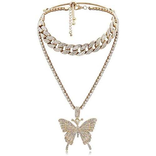 YBMYCM Big Butterfly Pendant Statment Necklace Rhinestone Chain for Women Girl Bling Gold Silver Crystal Layered Choker Necklaces Accessory for Hip Hop Lovers