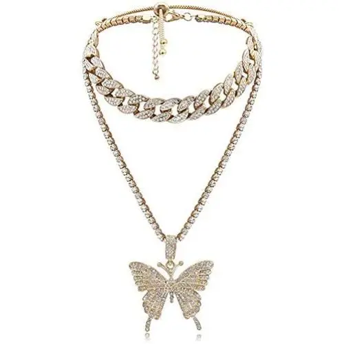 YBMYCM Big Butterfly Pendant Statment Necklace Rhinestone Chain for Women Girl Bling Gold Silver Crystal Layered Choker Necklaces Accessory for Hip Hop Lovers