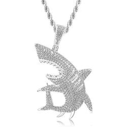 TENGLAI Hip Hop Shark Necklace, Long Chain Punk Rock Choker, Crystal Fish Jewelry, Premium Unisex Cubic Zirconia Shark Pendant with 24'' Rope/Box Chain