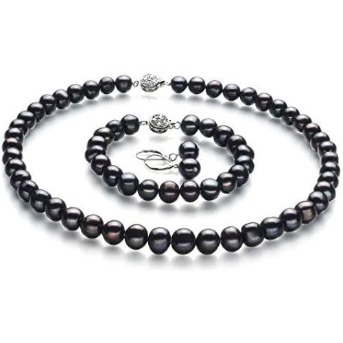 Kaitlyn Black 8-9mm A Quality Freshwater 925 Sterling Silver Cultured Pearl Set For Women