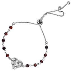 LeCalla Sterling Silver Valentines Day Jewelry Heart Charm Sliding Bolo Bracelet with Blue Brown Beads for Girl Women