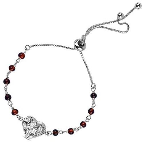 LeCalla Sterling Silver Valentines Day Jewelry Heart Charm Sliding Bolo Bracelet with Blue Brown Beads for Girl Women