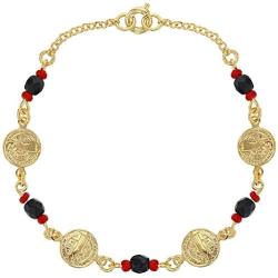 In Season Jewelry 18k Gold Plated St Benedict Medal Bracelet Simulated Azabache Evil Eye Protection 7''