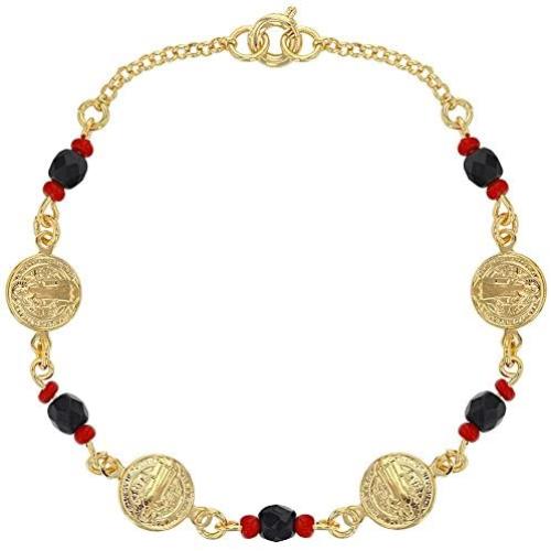 In Season Jewelry 18k Gold Plated St Benedict Medal Bracelet Simulated Azabache Evil Eye Protection 7''