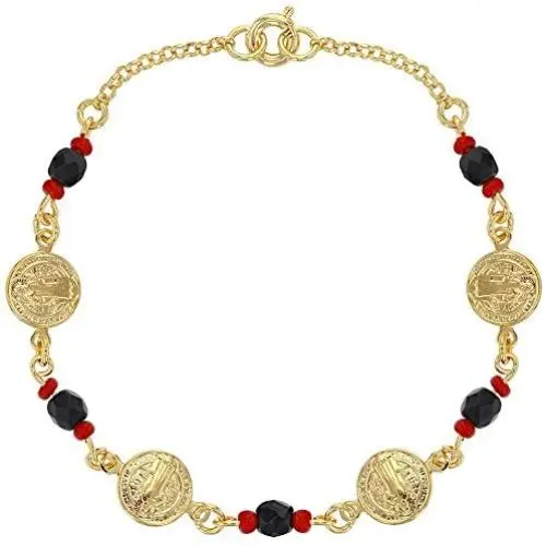 In Season Jewelry 18k Gold Plated St Benedict Medal Bracelet Simulated Azabache Evil Eye Protection 7'' In Season Jewelry 18k Gold Plated St Benedict Medal Bracelet Simulated Azabache Evil Eye Protection 7''
