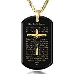 Lords Prayer Crucifix Cross Necklace for Men Onyx Dog Tag Pendant 24k Gold Inscribed Scripture, 20'' Chain