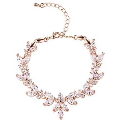 WeimanJewelry Silver/Gold/Rose Gold Plated Cubic Zirconia Round CZ Marquise Bridal Charm Bracelet for Women Bride Wedding with Extended Chain