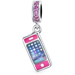 Pink Cellular Cell Mobile Smart Phone Dangle Charm Bead For Women Teen Enamel .925 Sterling Silver Fits European Bracelet