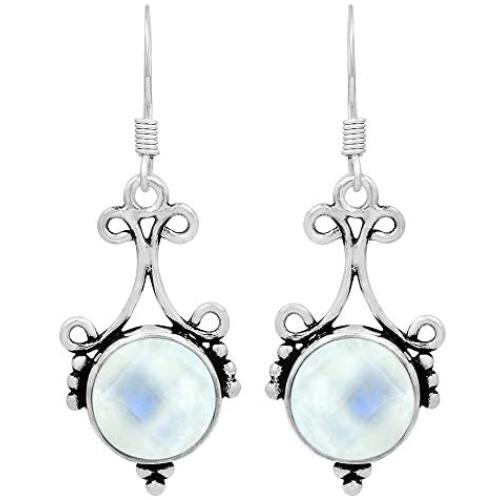 Natural Moonstone Labradorite Lapis Earrings 12mm Round Shape Gemstones 925 Silver Overlay handmade Dangle Earrings for Women