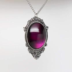 Purple Cabochon in Antiqued Silver Finish Pewter Frame Pendant Necklace