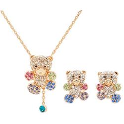 Gold Plated Cute CZ Teddy Bear Pendant Necklace and Earrings Jewelry Set for Girls Gift