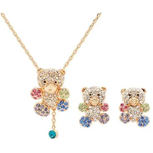 Gold Plated Cute CZ Teddy Bear Pendant Necklace and Earrings Jewelry Set for Girls Gift