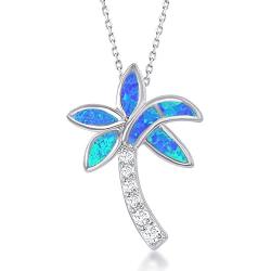 Sterling Silver Created Blue Opal & CZ Palm Tree Pendant with 18'' Chain