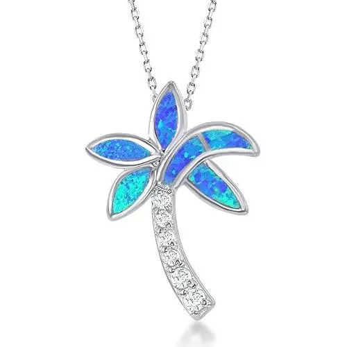 Sterling Silver Created Blue Opal & CZ Palm Tree Pendant with 18'' Chain Sterling Silver Created Blue Opal & CZ Palm Tree Pendant with 18'' Chain