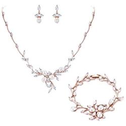 EVER FAITH Marquise CZ Simulated Pearl Bridal Flower Leaf Filigree Necklace Earrings Bracelet Set