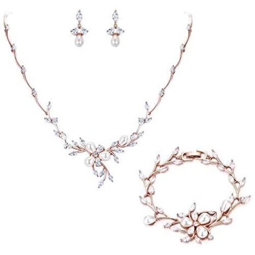 EVER FAITH Marquise CZ Simulated Pearl Bridal Flower Leaf Filigree Necklace Earrings Bracelet Set