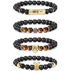 Finrezio 4PCS Bead Bracelet Men Women Black Matte Onyx Tiger Eye Crown King Panther Charm Elastic Adjustable Natural Stone Beads Bracelets Set