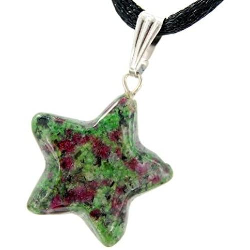 Steampunkers USA Celestial Collection - 20mm Classic Star Ruby Fuchsite Natural Green Pink - 20-22 Inch Adjustable Black Cord – Crystal Gemstone Collectibles Carved Necklace Handmade Charm