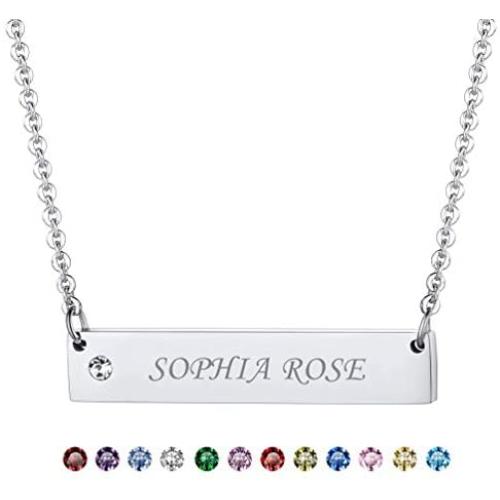 U7 Personalized Bar Necklace Free Message Engrave Stainless Steel / 18K Gold Plated Horizontal/Vertical Bar Pendant Clavicle Choker Necklaces for Women Girls