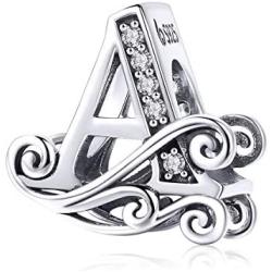 VOROCO Solid 925 Sterling Silver with Cubic Zirconia Letter Complete A-Z Alphabet Initial Charm for Pandora European Bracelet Necklace Women Girls Jewelry Gift Options