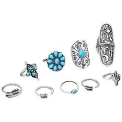 8 Pcs/Set Vintage Oval Opal Rings for Women Bohemian Natural Turquoise Stone Open Leaf Finger Rings for Women¡­