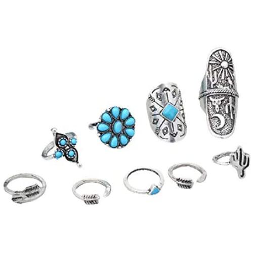8 Pcs/Set Vintage Oval Opal Rings for Women Bohemian Natural Turquoise Stone Open Leaf Finger Rings for Women¡­