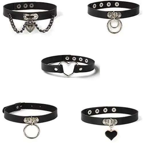 W WOOGGE Womens Black Choker Set Gothic Choker Necklace Punk Chunky Choker for Girls at Halloween Costume Party Jewelry Accessories (Pack of 5pcs)