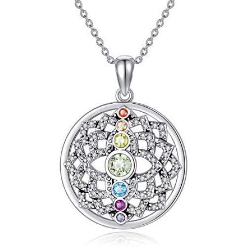 YAFEINI Chakra Necklace Yoga Open Lotus Flower Mandala Pendant Crystal Necklace 925 Sterling Silver Jewelry Gifts Spiritual Gifts for Women Girls