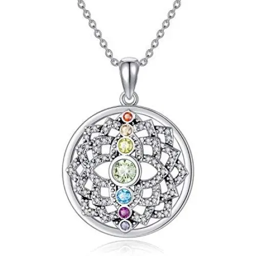 YAFEINI Chakra Necklace Yoga Open Lotus Flower Mandala Pendant Crystal Necklace 925 Sterling Silver Jewelry Gifts Spiritual Gifts for Women Girls