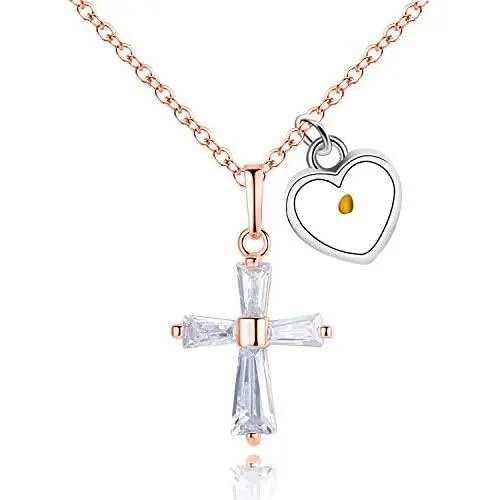 Rose Gold & Platinum Plated Baguette Cut Cubic Zirconia Cross Pendant Necklace with Mustard Seed Heart Pendant Y938 Rose Gold & Platinum Plated Baguette Cut Cubic Zirconia Cross Pendant Necklace with Mustard Seed Heart Pendant Y938